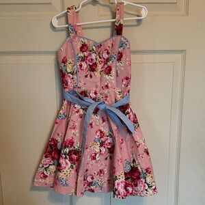 Dollcake Pink Floral Dress with Blue Sash